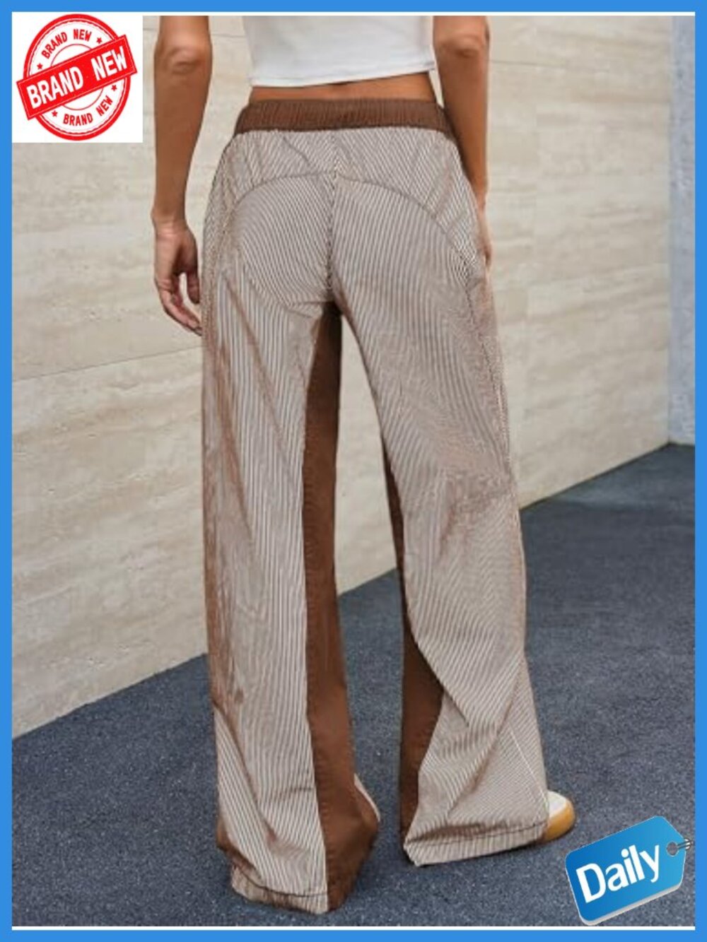 Women's Low Rise Striped Wide Leg Pants Boho Drawstring Cotton Palazzo - Picture 4 of 6